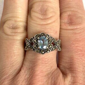 Sterling Silver 925 Oval Blue Topaz & Marcasite Floral Split Shank Ring Sz 7.5